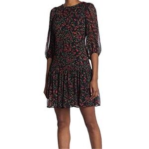 🌷🆕Calvin Klein Black and Red Women's Tulip Printed Chiffon Shift Dress, 10🌷